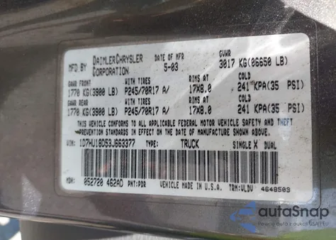 2003 Dodge Ram 1500 Slt/Laramie/St из США, поврежденный, VIN 1D7HU18D53J663377